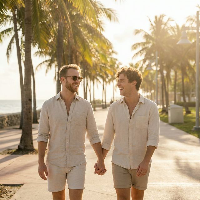 Pareja diversa feliz en Miami celebrando su futuro